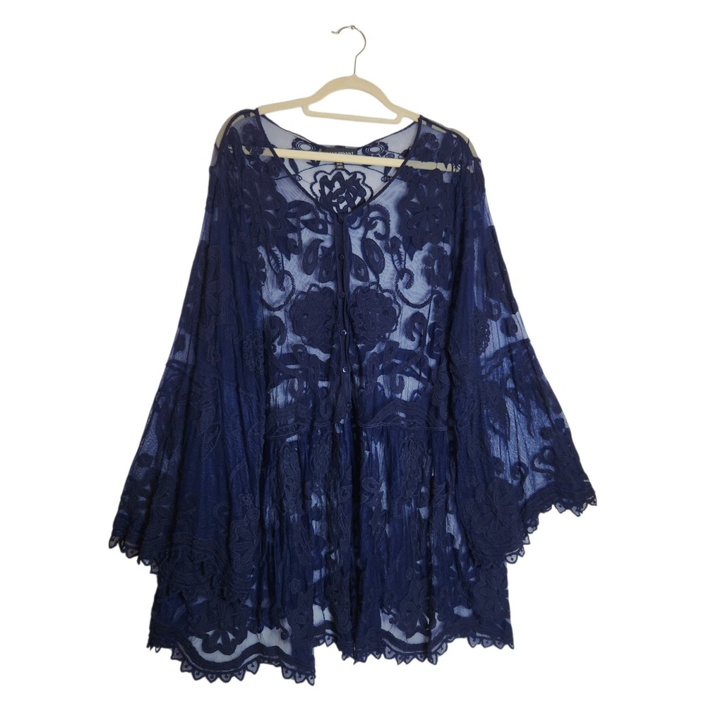 Lane Bryant Navy Blue Embroidered Mesh Lace Tunic Bell Sleeve Top 22/24